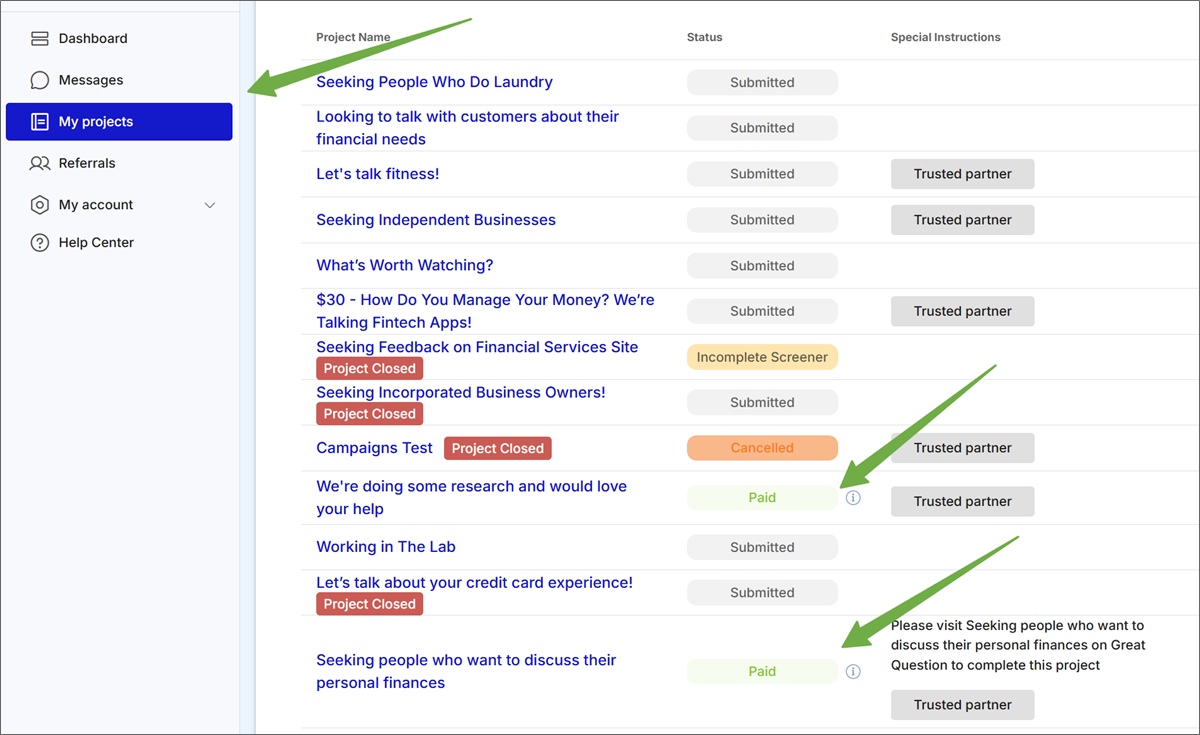 respondent my projects list for participants
