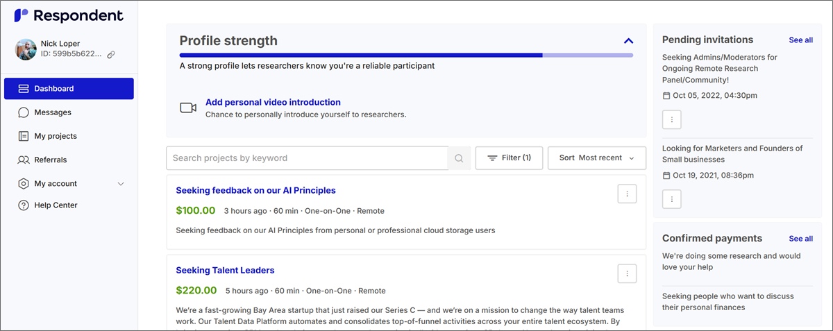 respondent participant dashboard