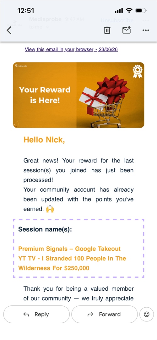 mediaprobe reward confirmation email