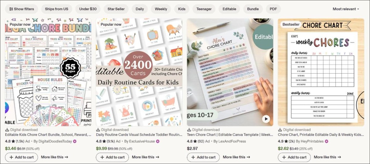 etsy printables chore charts