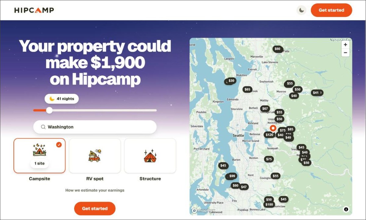 Hipcamp host page showing an estimated $1,900 in camping earnings