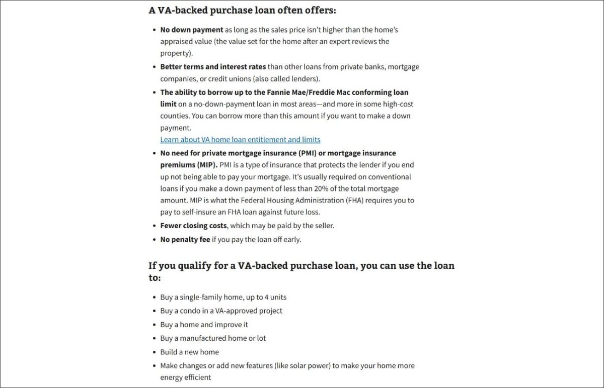VA-backed purchase loan benefits, including no down payment and homes up to 4 units